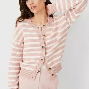 Ann Taylor Weekend Collection Pink & White Striped Button-down Sweater - Size S